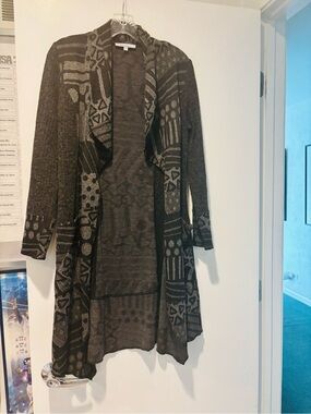 VARIATIONS, Open Front Geometric Print Duster Cardigan - Black & Gray, Size S